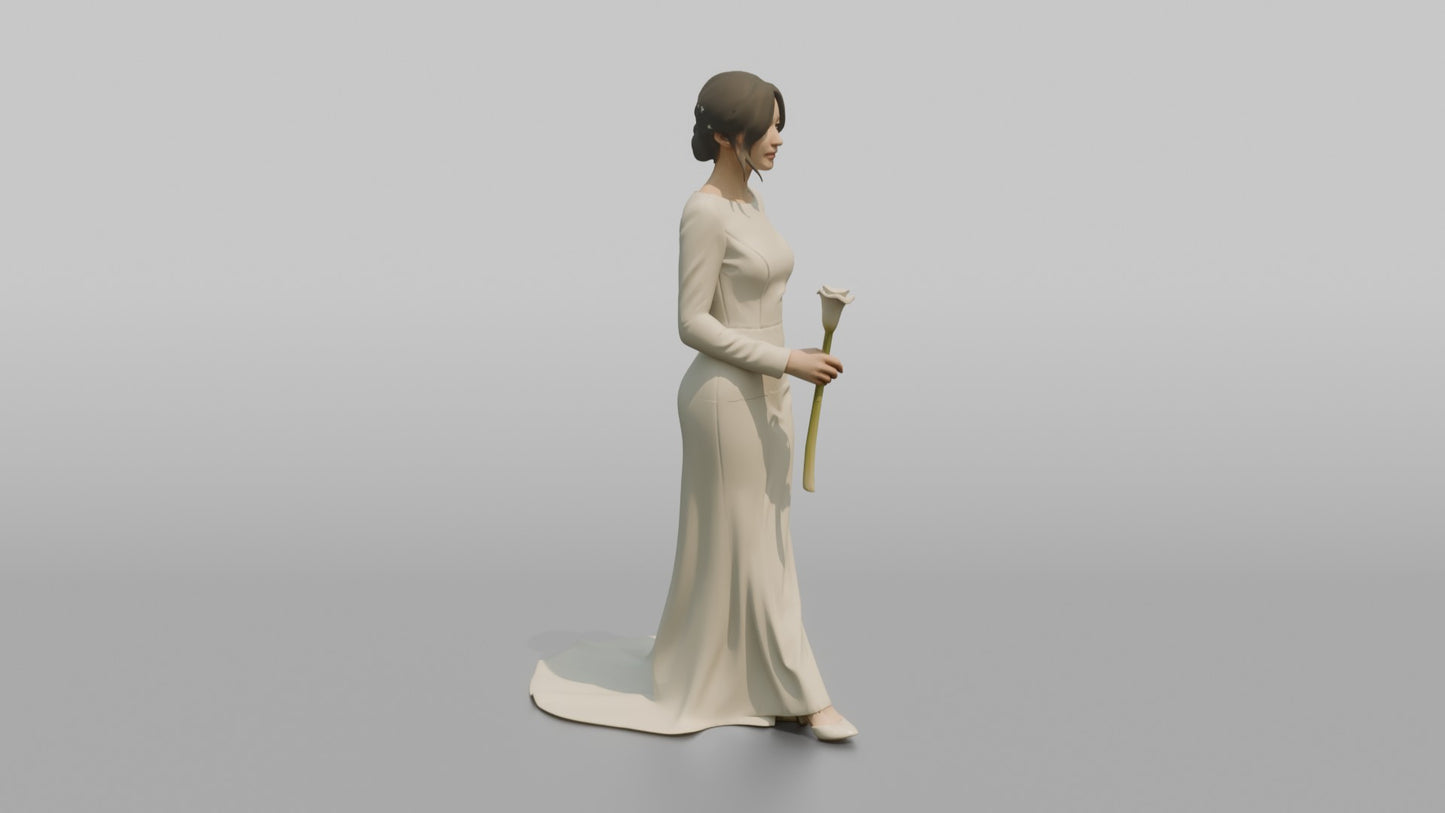 East Asian Bride Holding a Single Calla Lily