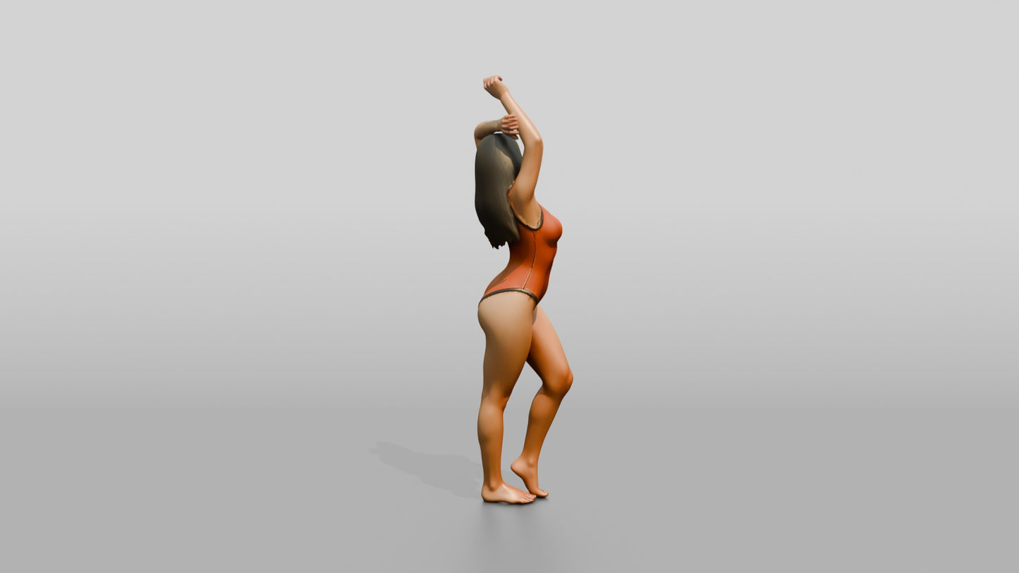 Curvy Woman in Coral One-Piece Swimsuit Arm Raised