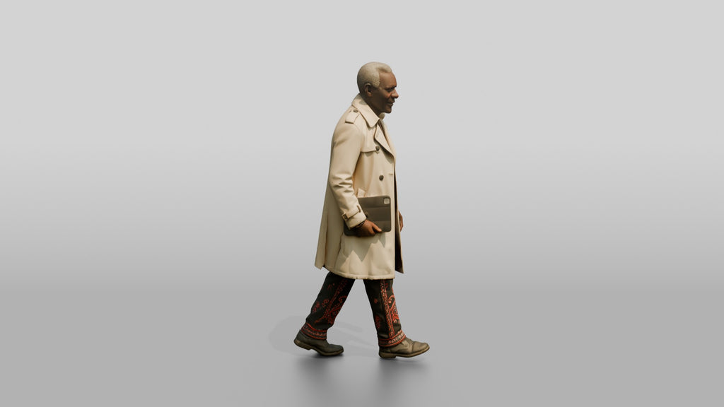Elderly African Man in a Trench Coat Holding a Tablet