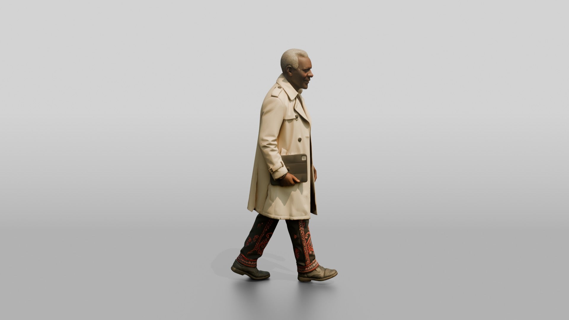 Elderly African Man in a Trench Coat Holding a Tablet