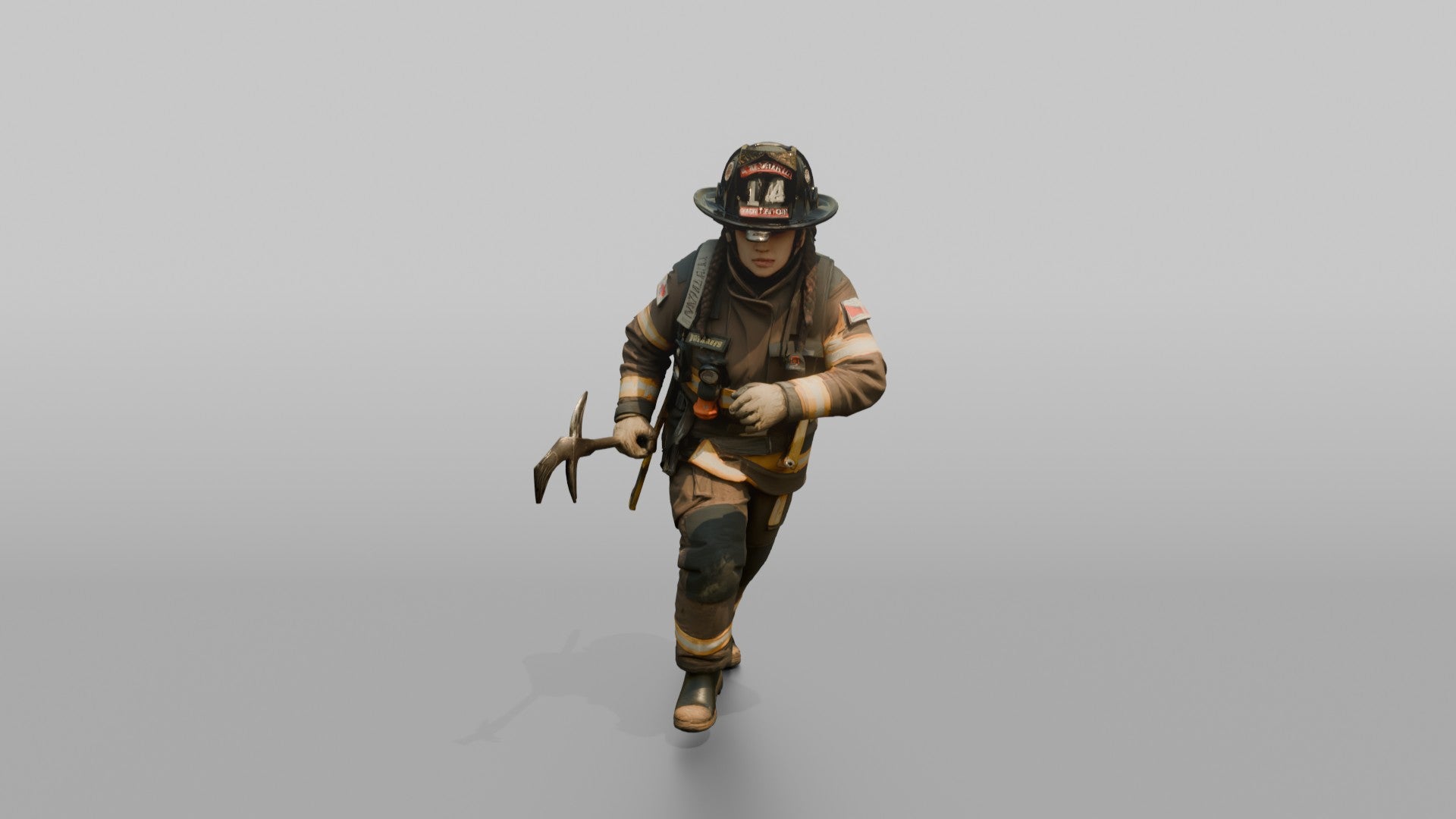 Firefighter Woman Running Forward with a Halligan Bar
