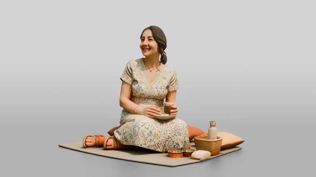 Middle-Aged Turkish Woman on a Park Picnic Blanket