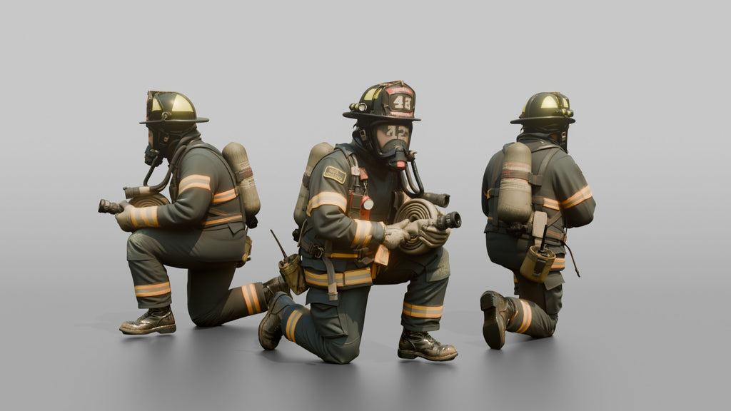 Firefighter Man Crouching in a Low Tactical Stance
