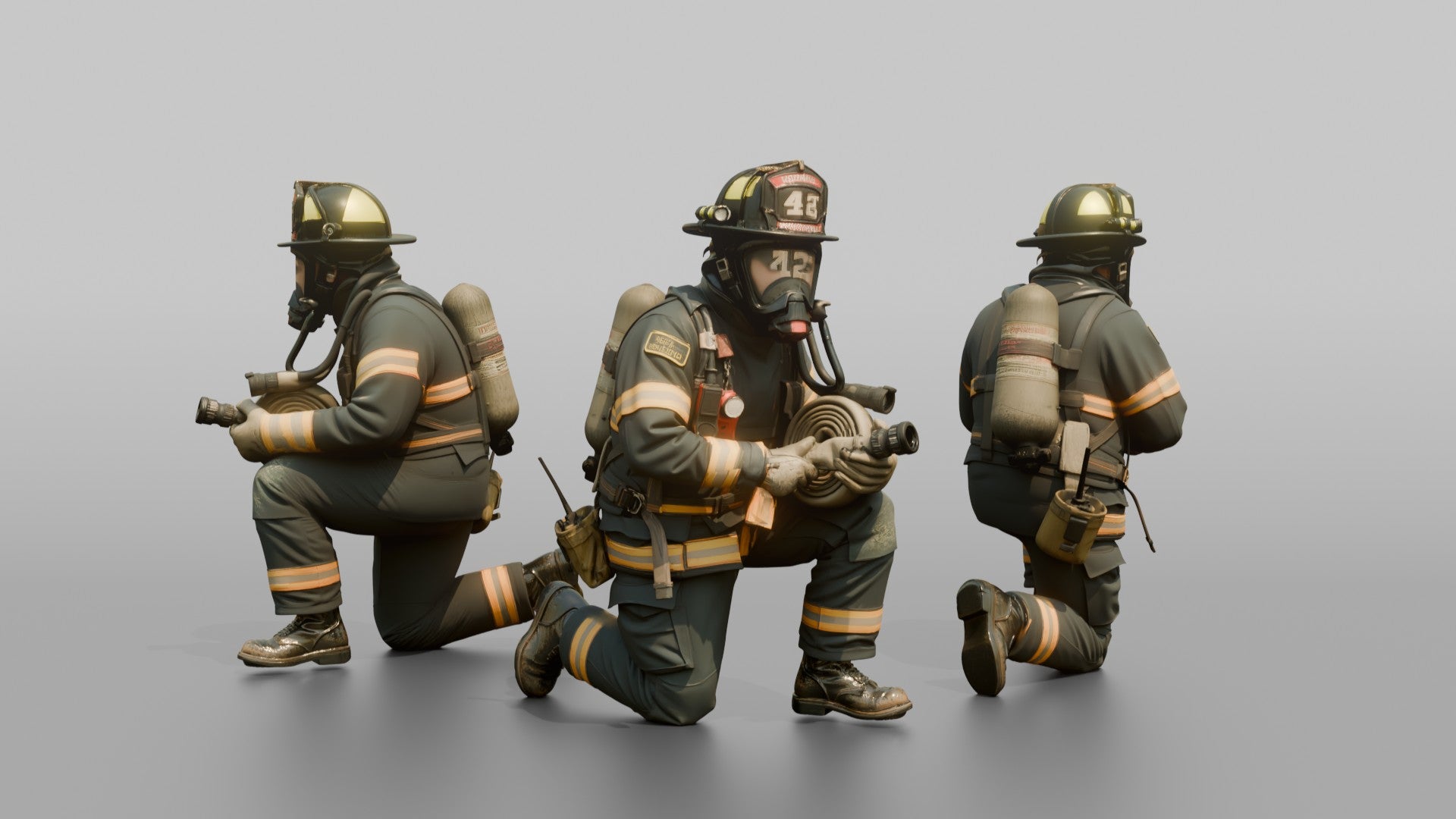 Firefighter Man Crouching in a Low Tactical Stance