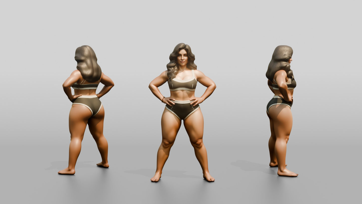Curvy Woman in Taupe Two-Piece Swimsuit Wide Stance