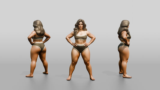 Curvy Woman in Taupe Two-Piece Swimsuit Wide Stance