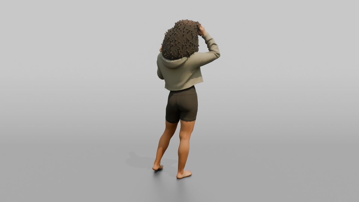 Fitness Influencer Woman Standing With Hands Running Through Hair - 3D character model, view 3