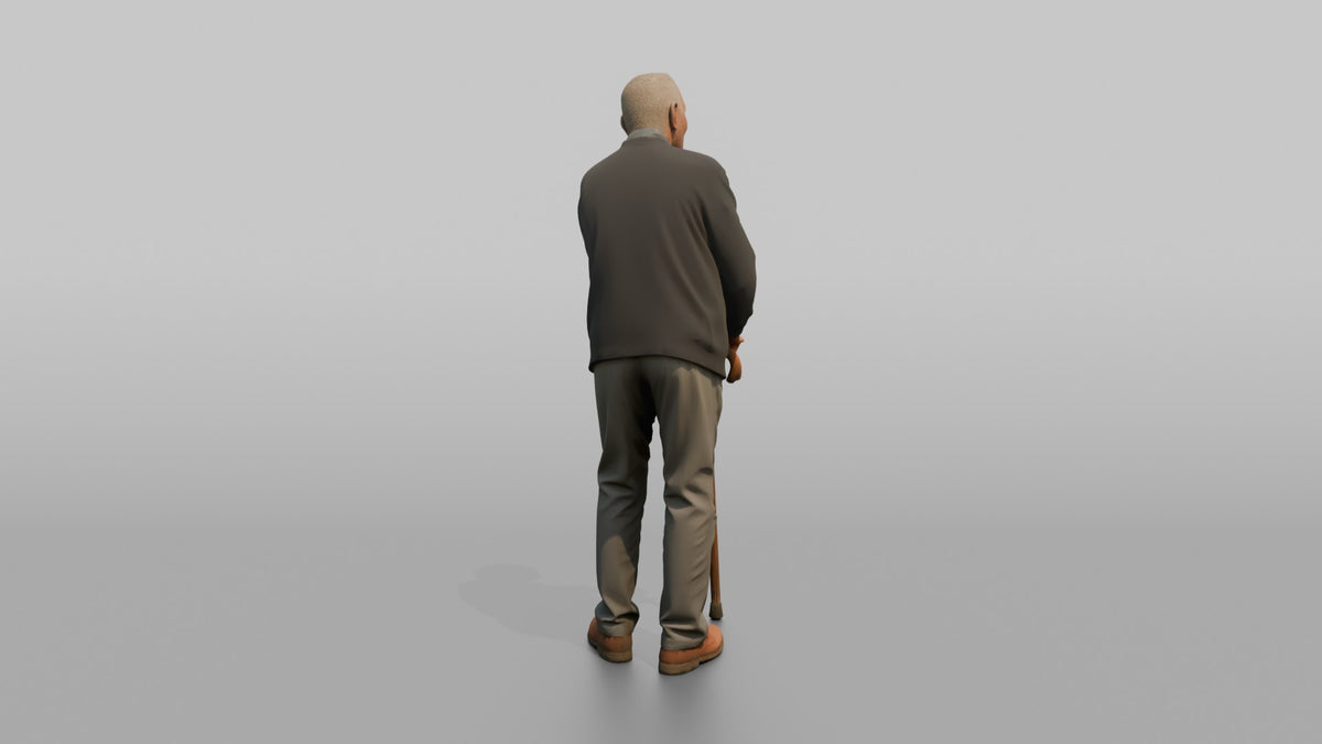 Grandfather Leaning On A Wooden Cane With Both Hands - 3D character model, view 3