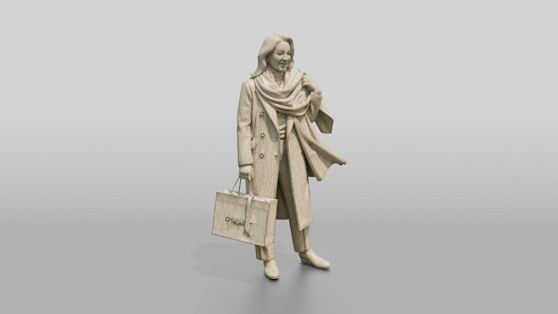 Woman Adjusting Scarf with Designer Shopping Bag