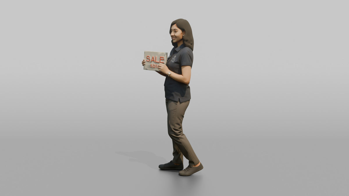 Woman Sales Associate Holding Up A Sale Sign - 3D character model, view 4