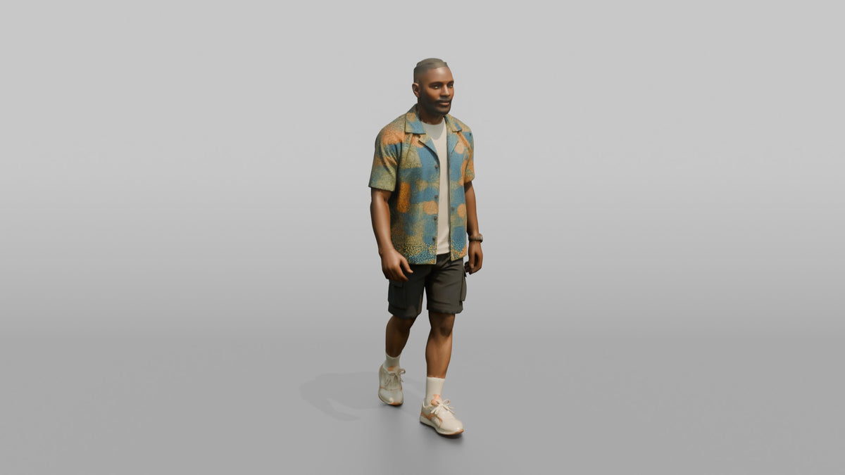 African Man in Ankara Print Shirt and Cargo Shorts - 3D character model, view 1