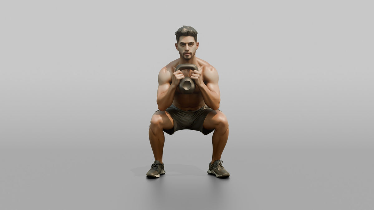 Weightlifter Man Holding A Kettlebell In A Goblet Squat Position - 3D character model, view 5