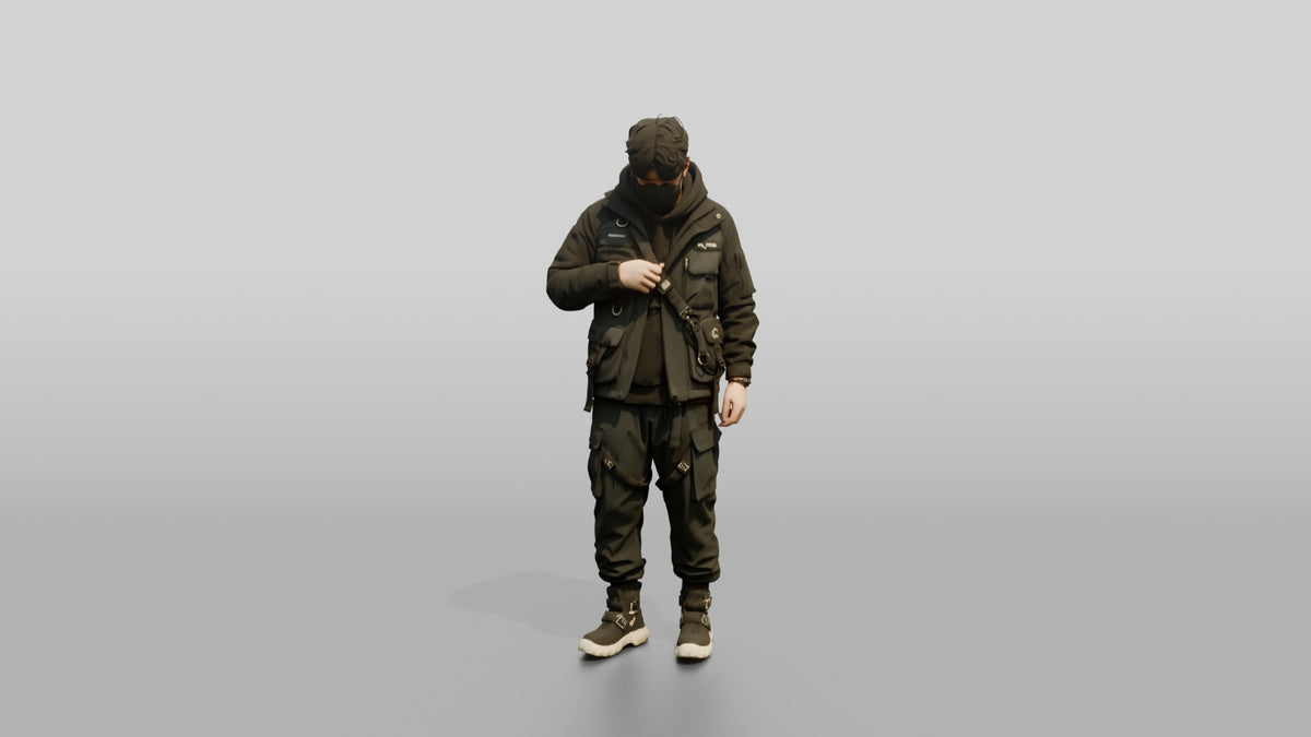 Techwear Man Zipping Up His Jacket - 3D character model, view 5