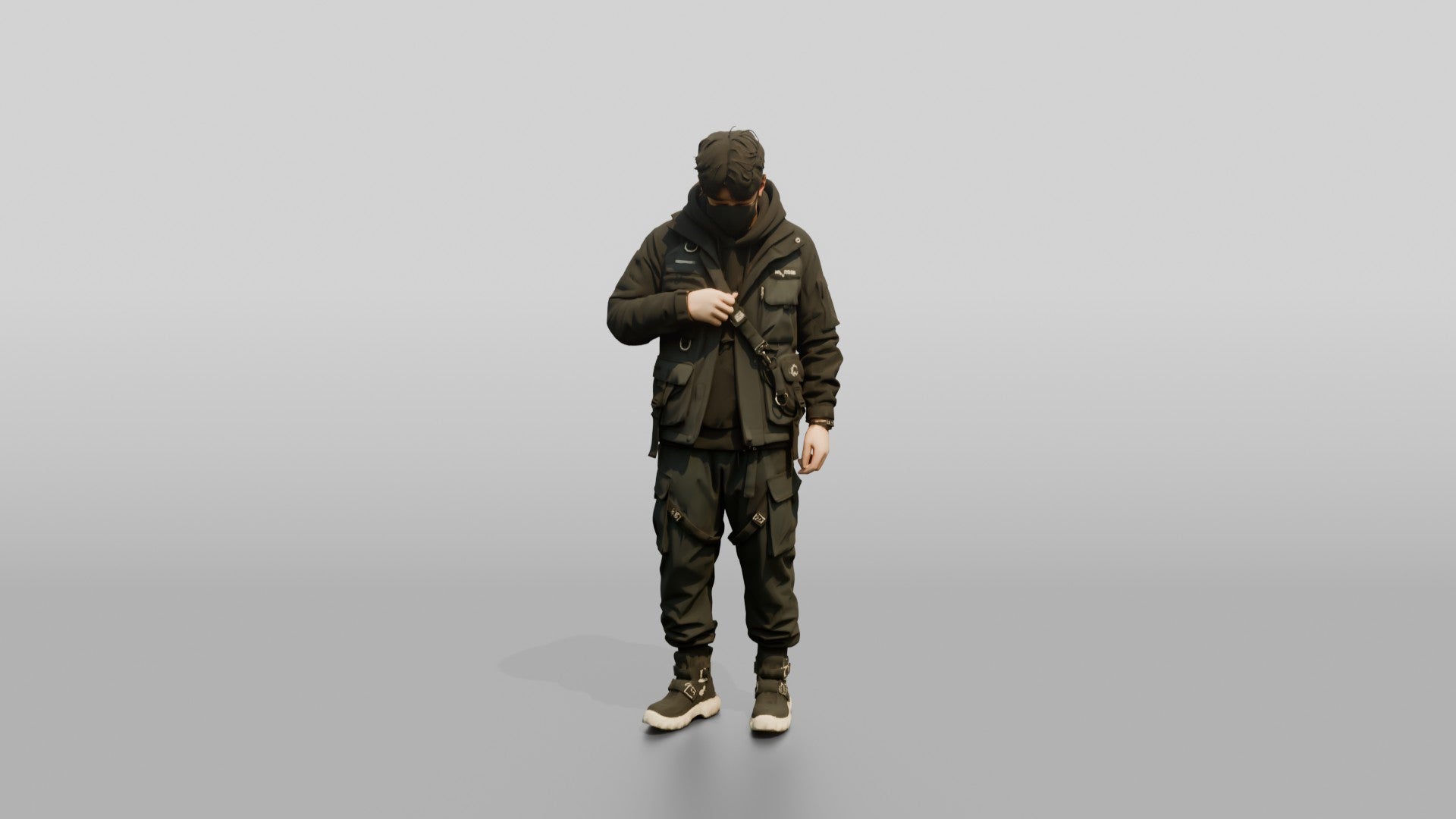 Techwear Man Zipping Up His Jacket