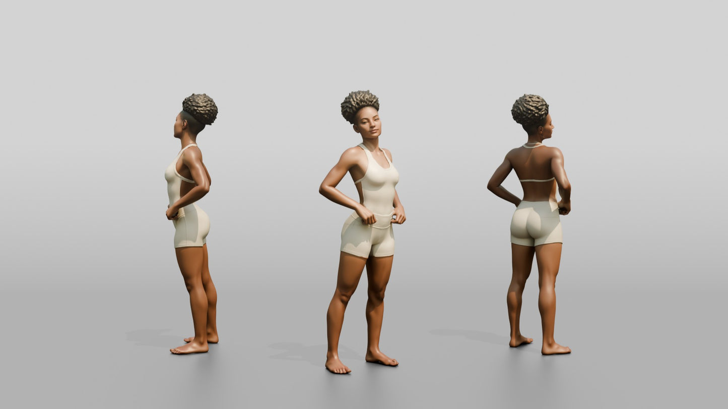 Black Woman in Cream Unitard with Hand on Hip