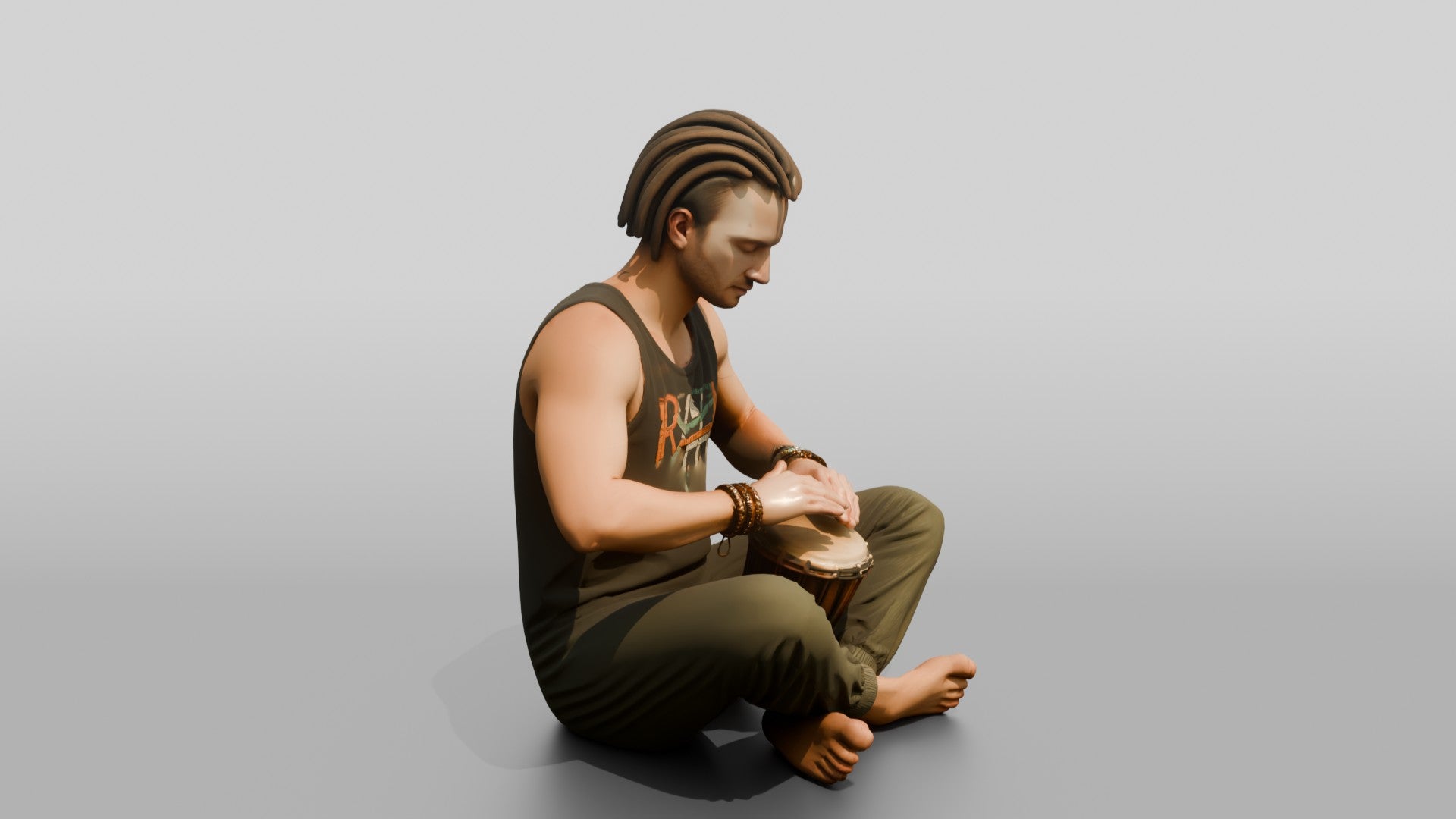 Hippie Man Playing a Djembe Drum