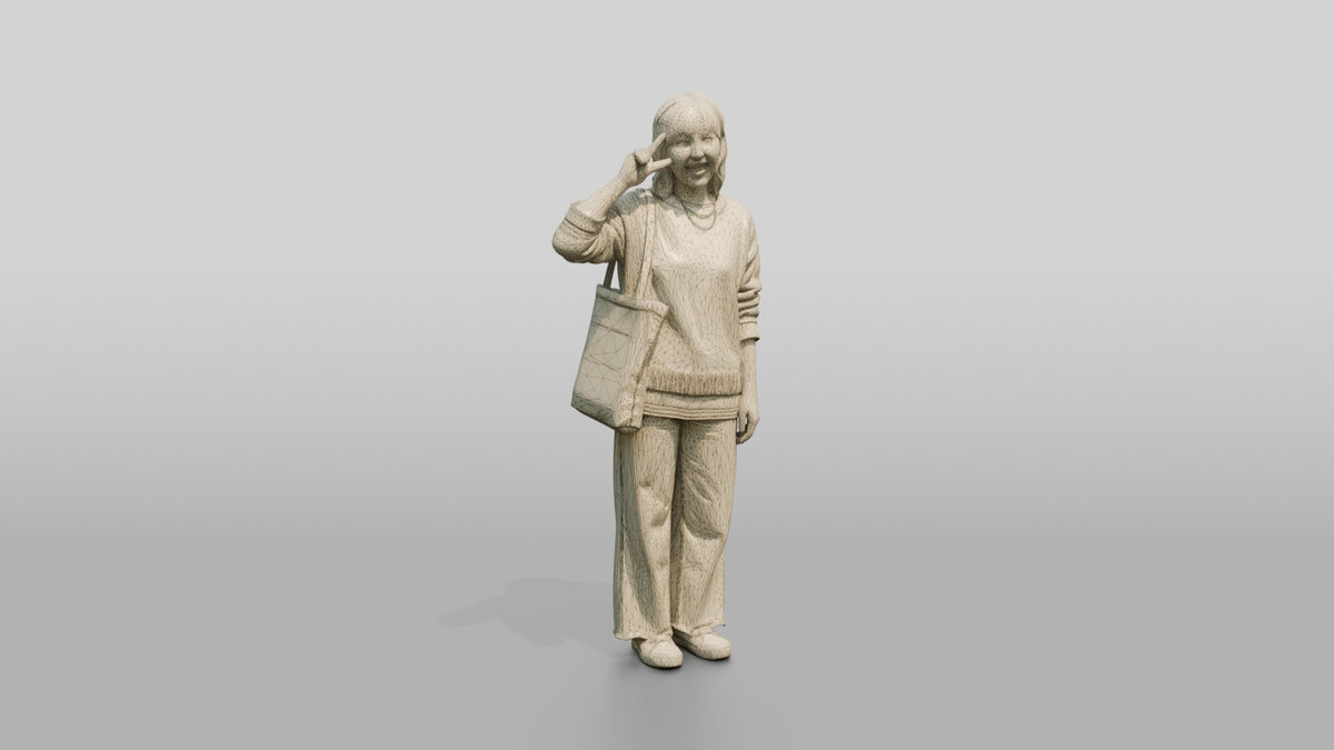 Asian Woman Making a Peace Sign - wireframe topology preview