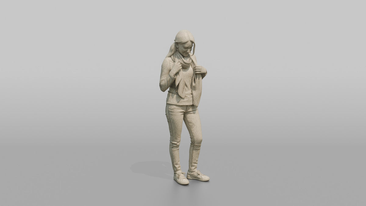 Woman Customer Trying A Scarf Around Her Neck - wireframe topology preview