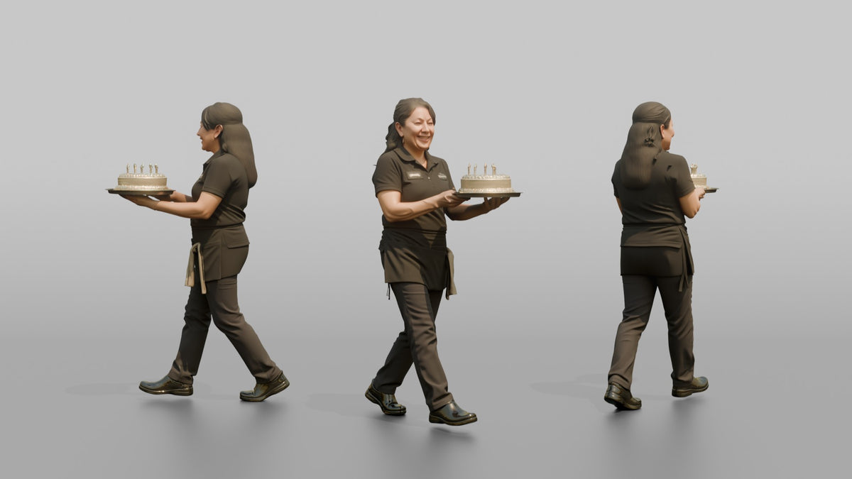 Server Woman Carrying A Tray With A Birthday Cake - 3D character model, view 1