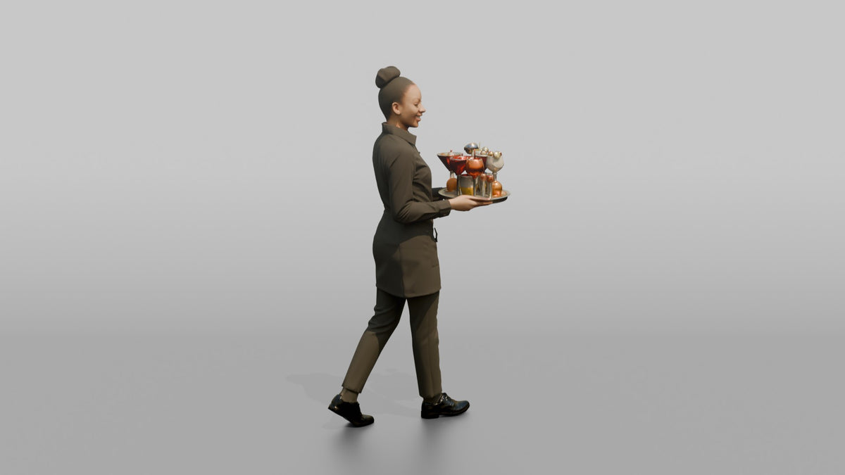Cocktail Server Woman Carrying A Tray Of Colorful Cocktails - 3D character model, view 2