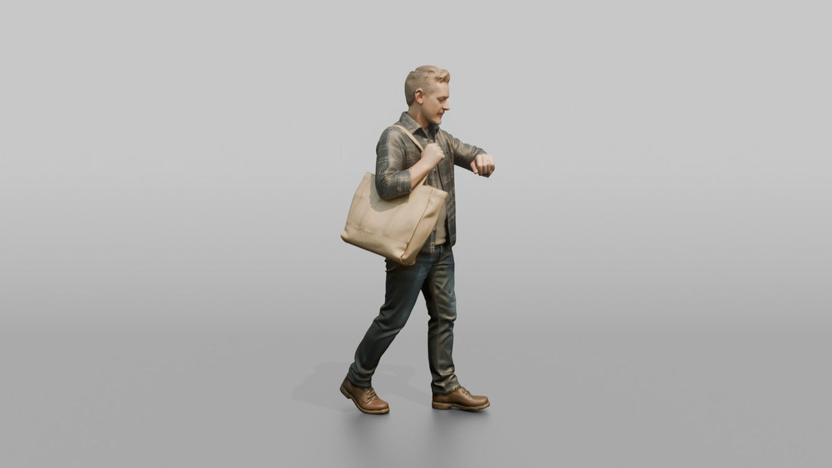 Man Customer Carrying A Large Shopping Bag Over One Shoulder While Checking His Watch - 3D character model, view 2