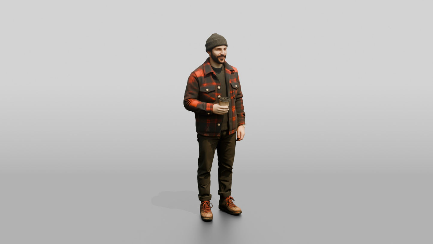 Caucasian Man in Plaid Flannel Jacket with Coffee