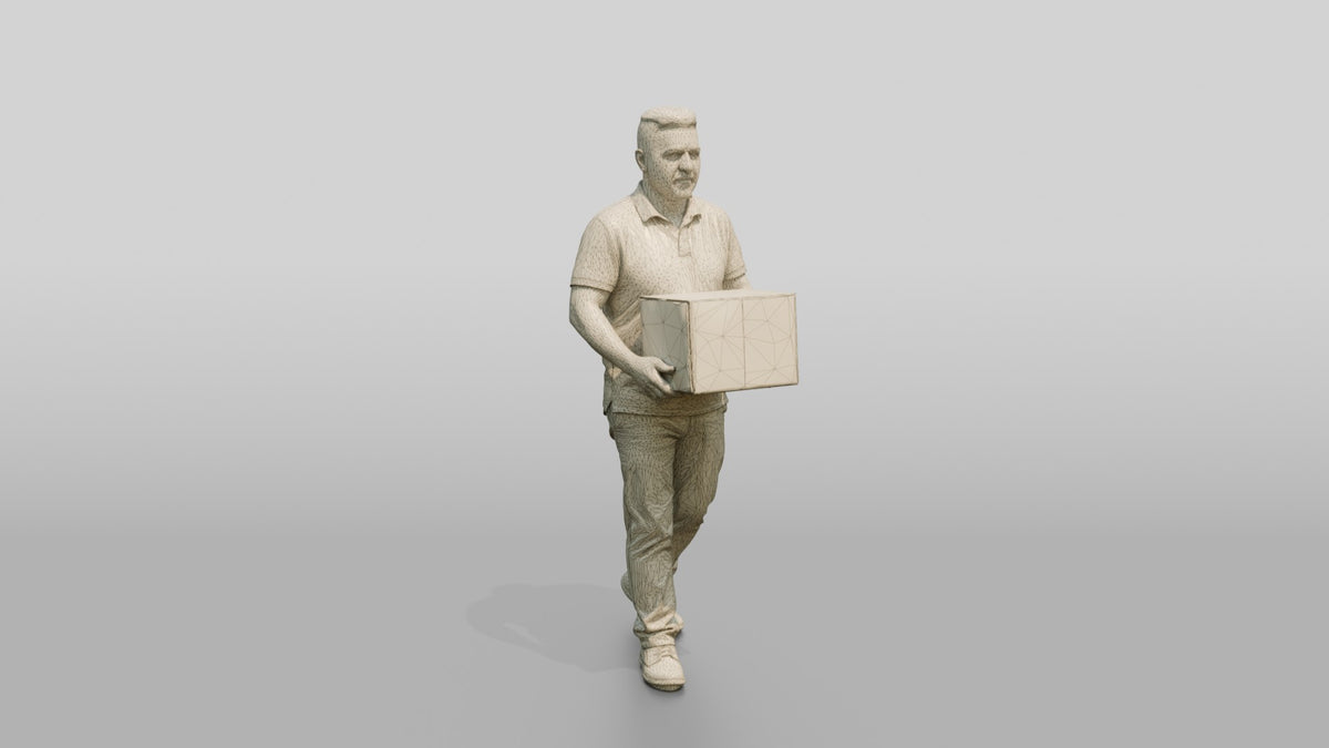 Stocky Middle-Aged Syrian Man Carrying a Cardboard Box - wireframe topology preview