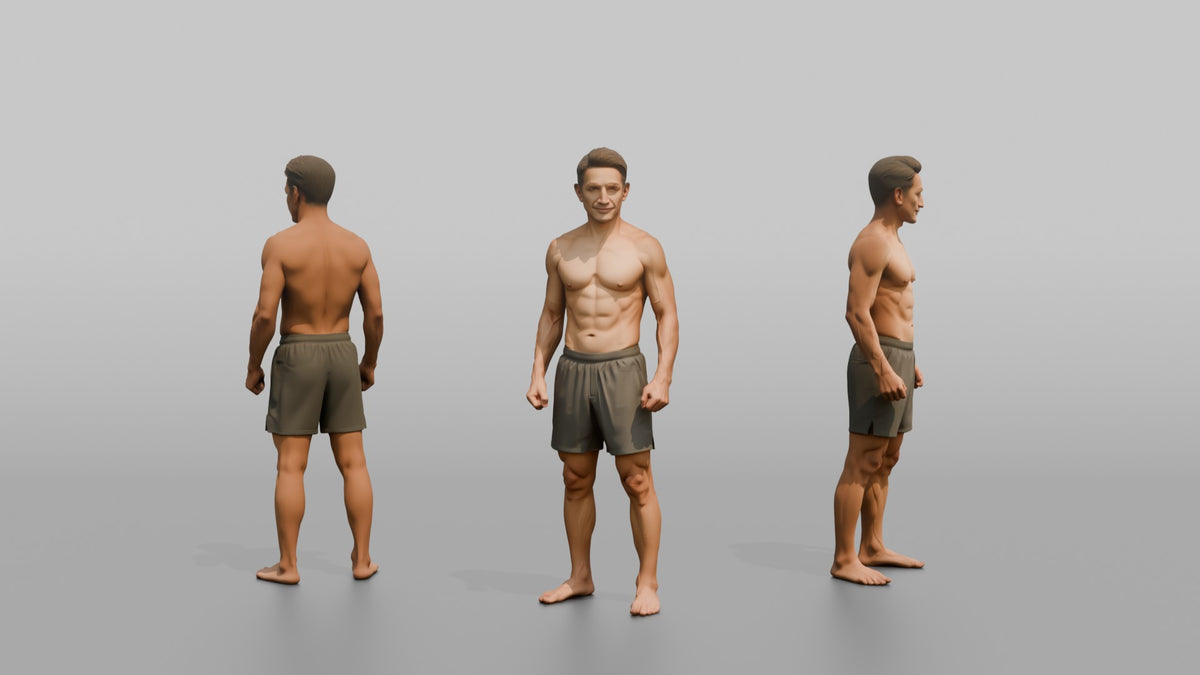 Physique Model Man Standing With Arms At Sides, Muscles Slightly Flexed - 3D character model, view 1