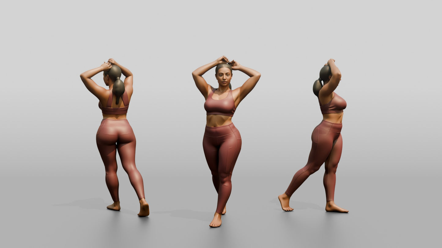 Curvy Woman in Rose Activewear Arms Raised to Her Hair