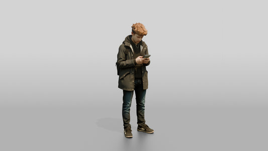 White Teen Boy Checking Map on Phone - 3D character model, view 1
