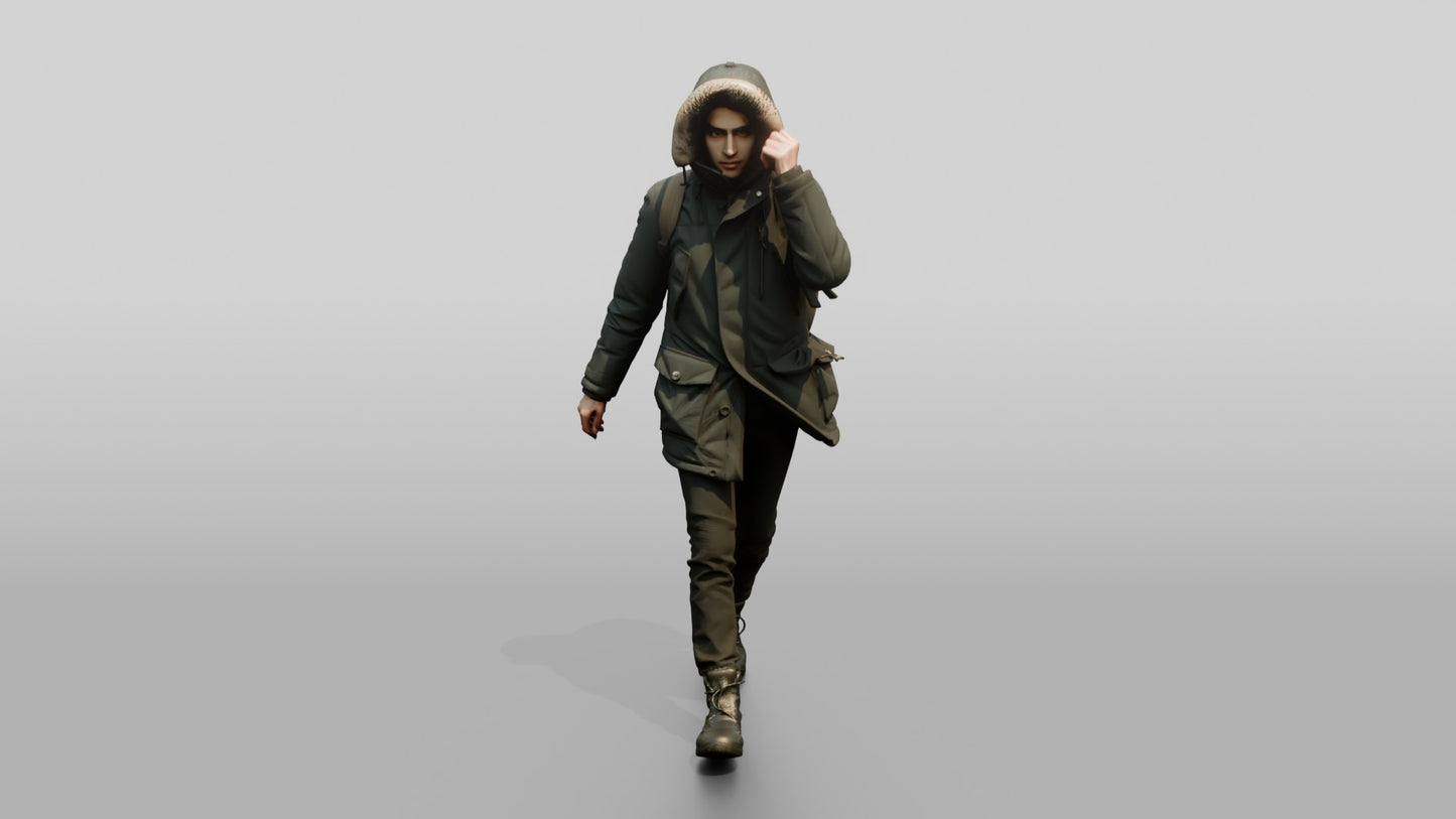 Middle Eastern Man in Grey Parka Walking Against Wind