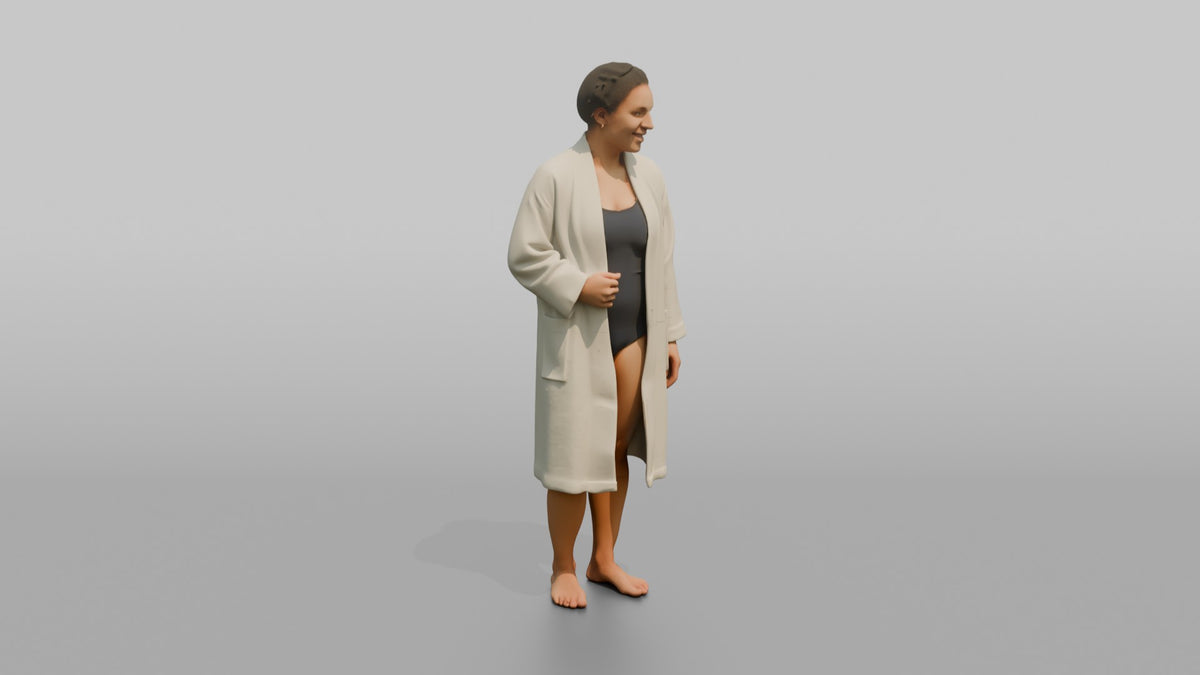 Spa Client Man Standing Barefoot, Robe Open Over Swimwear - 3D character model, view 2