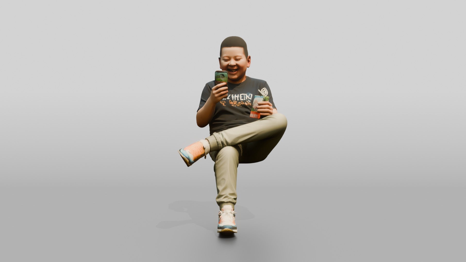 Chinese Boy Sitting with Phone and Drink
