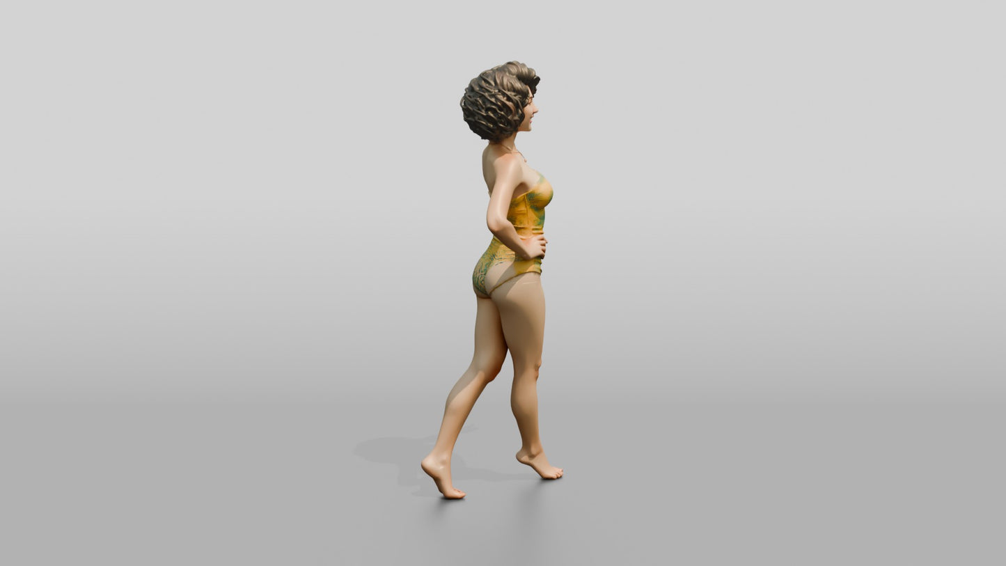 Woman in Gold One-Piece Swimsuit Walking