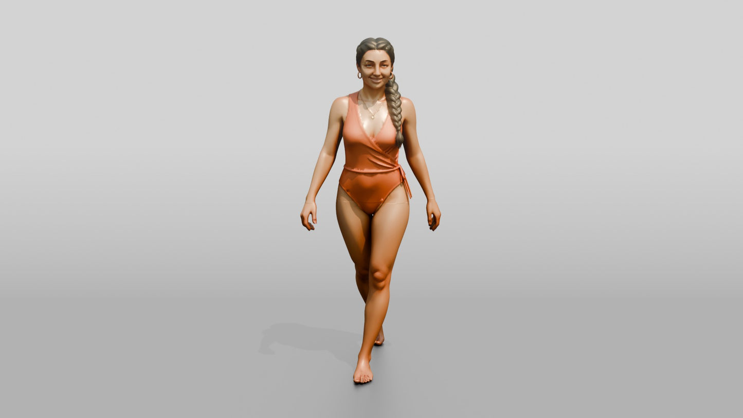 Woman in Terracotta One-Piece Swimsuit Walking