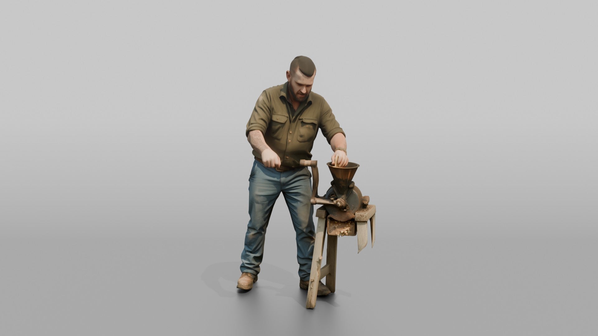 Farmer Operating Hand Cranked Corn Sheller