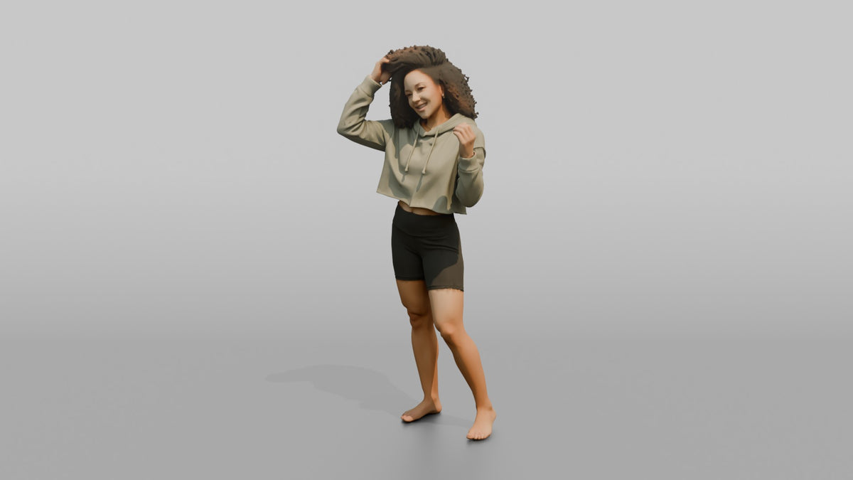 Fitness Influencer Woman Standing With Hands Running Through Hair - 3D character model, view 4