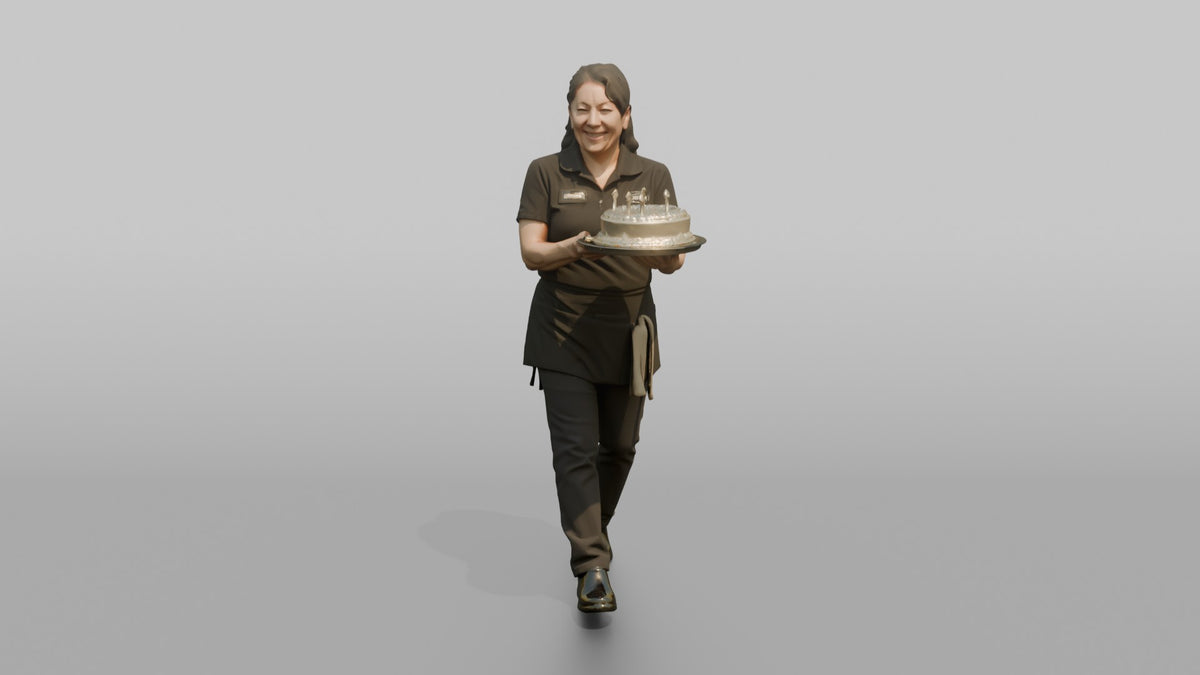 Server Woman Carrying A Tray With A Birthday Cake - 3D character model, view 4