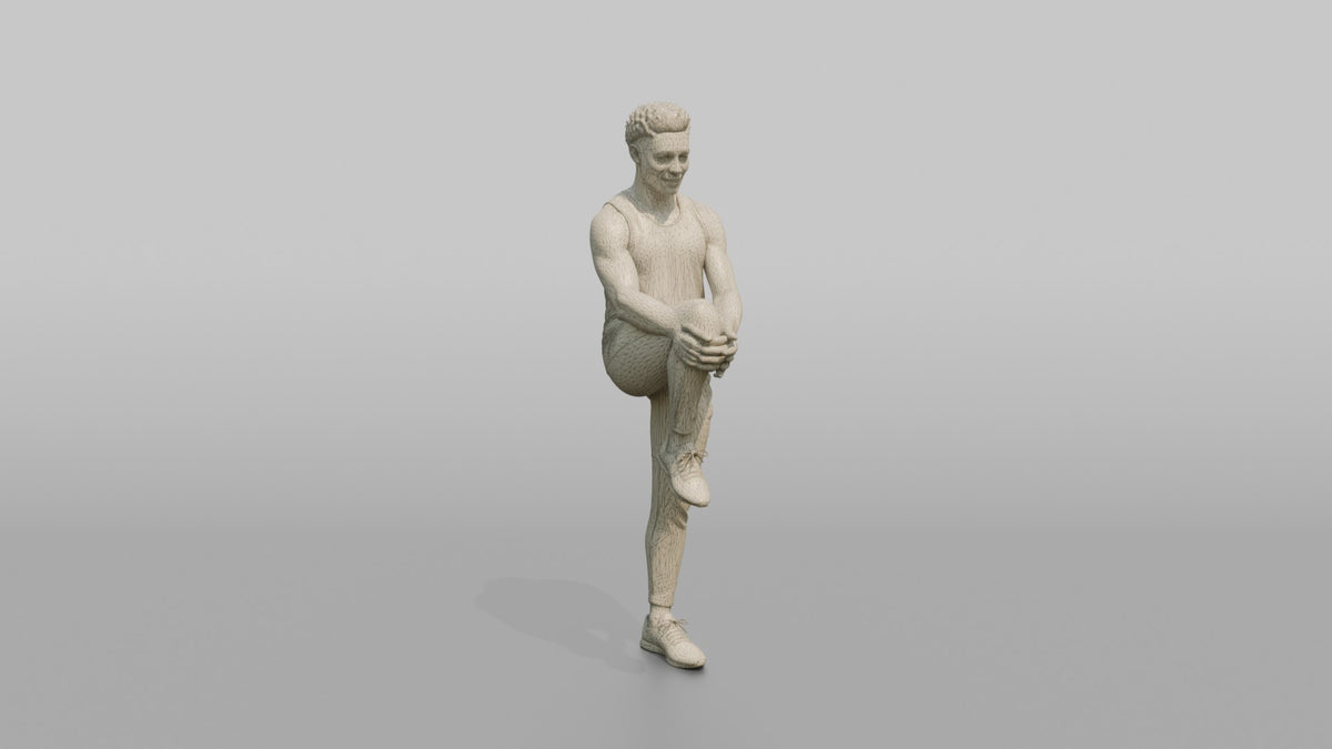 Fitness Influencer Man Doing A Standing Knee-to-chest Stretch - wireframe topology preview
