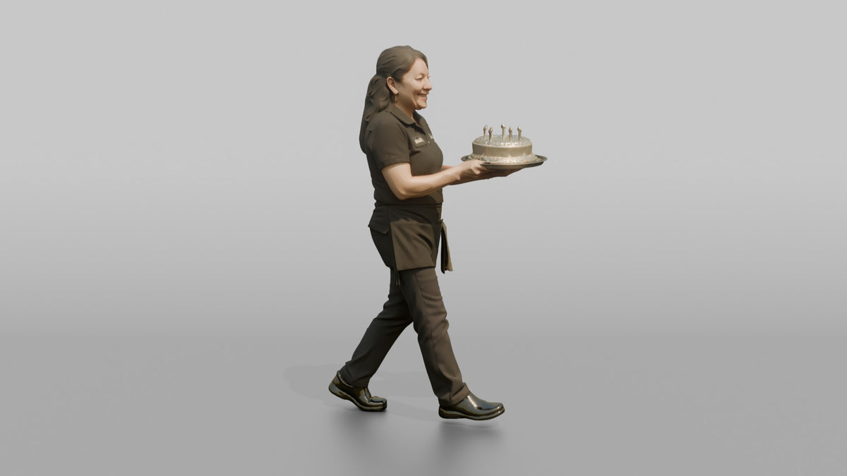 Server Woman Carrying A Tray With A Birthday Cake - 3D character model