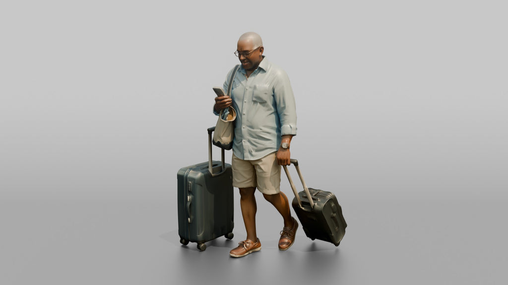 Traveler Wheeling A Suitcase And Texting