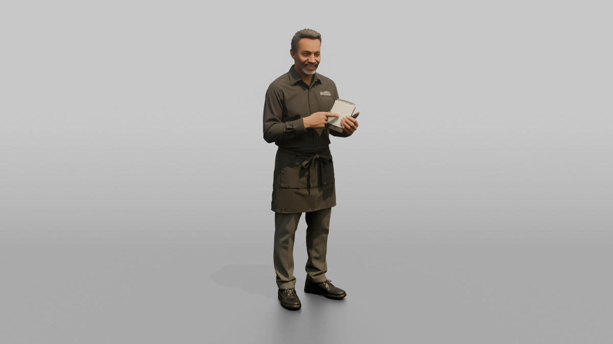 Server Man Holding A Small Notepad, Pointing At It - 3D character model