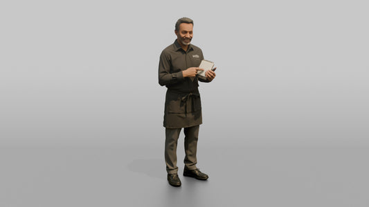 Server Man Holding A Small Notepad, Pointing At It - 3D character model