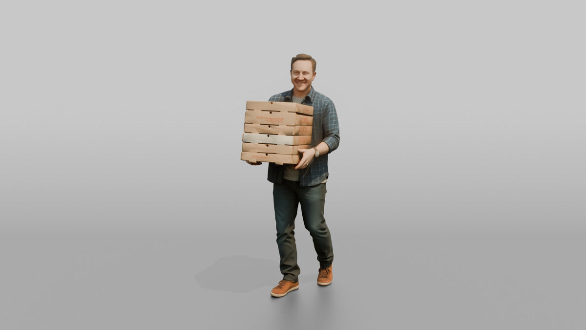 Father Carrying A Stack Of Pizza Boxes Balanced In Both Arms - 3D character model, view 4