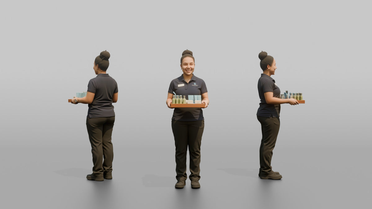 Housekeeping Staff Man Carrying A Tray Of Toiletries - 3D character model, view 1