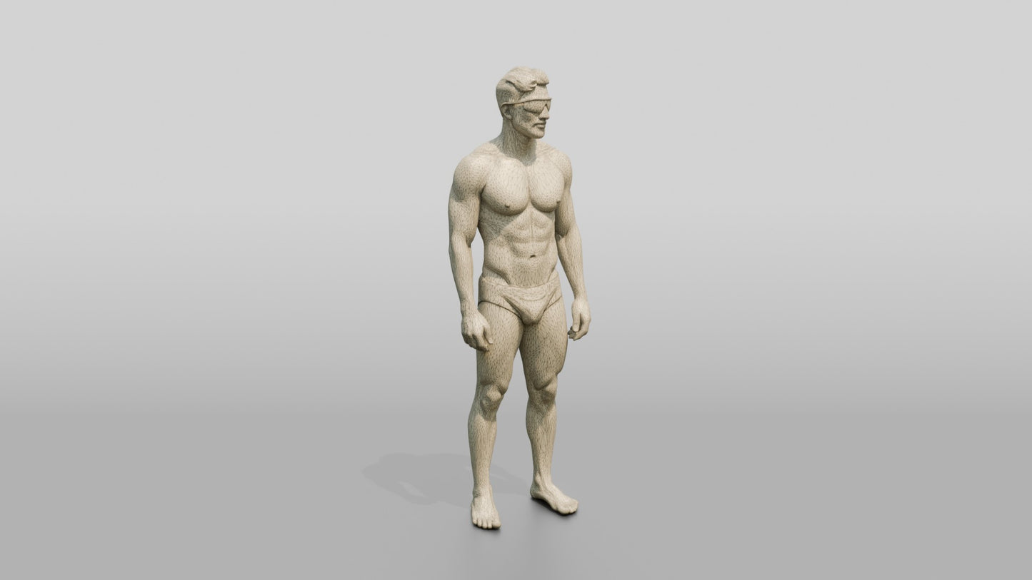 Latino Athlete in Orange Swim Brief Beach Pose