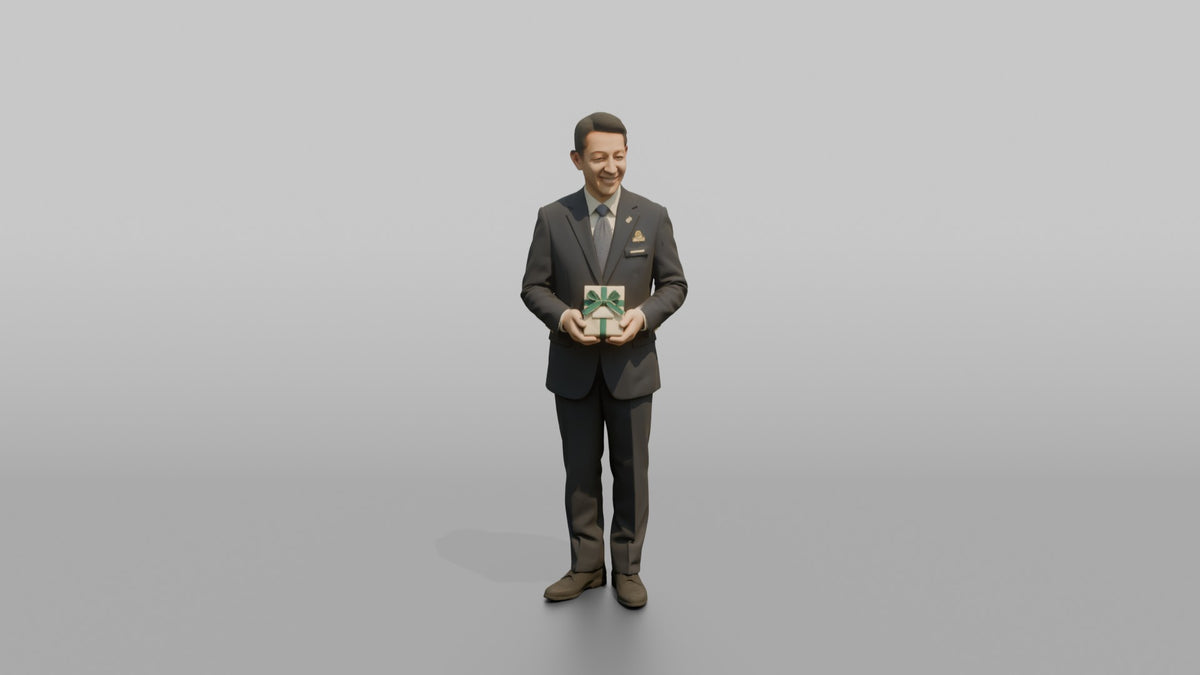 Concierge Woman Holding A Small Gift-wrapped Welcome Package - 3D character model, view 5
