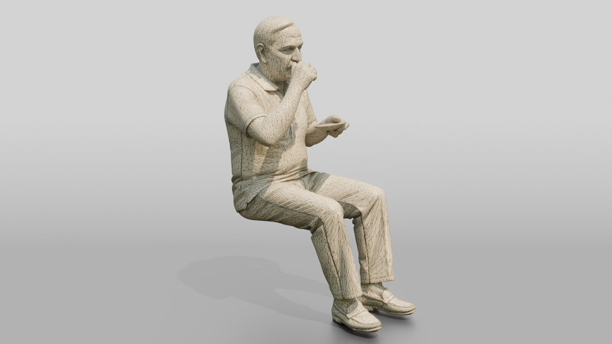 Elderly Turkish Man Sipping Tea on a Park Bench - wireframe topology preview