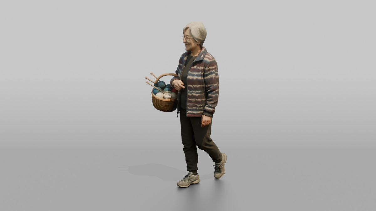 Grandmother Carrying A Basket Of Yarn And Knitting Needles - 3D character model, view 4