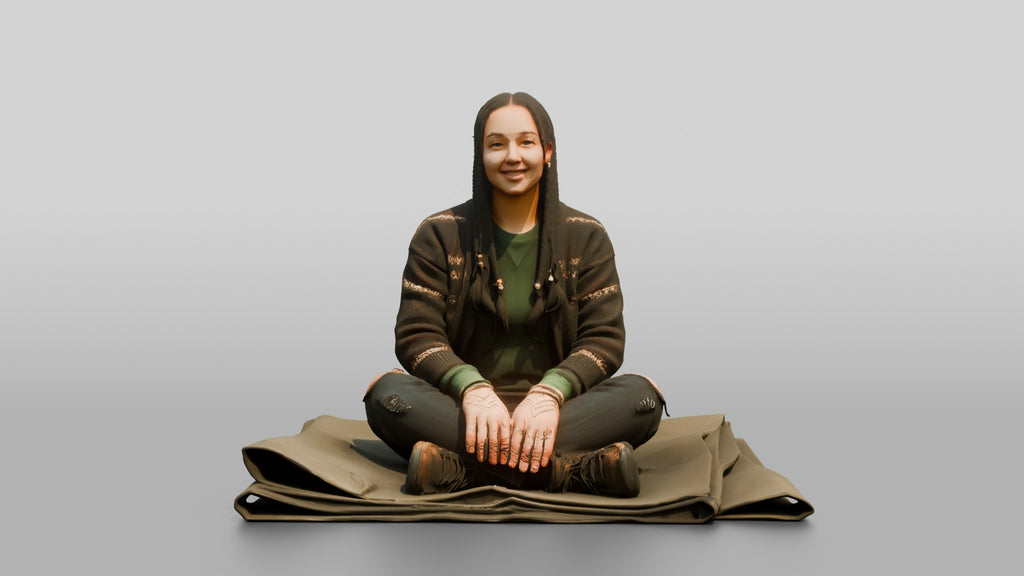 Homeless Woman Sitting on a Folded Tarp